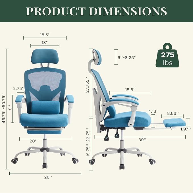 Ergonomic Office Chair with Footrest, Computer Gaming Chair | Adjustable Headrest, Lumbar Support, Swivel Reclining, Padded Armrest, Mesh High Back, Home Desk Work Study, Blue