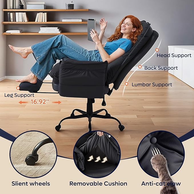 Bestier Cross Legged Office Chair with Footrest, High Back Criss Cross Chair with Reversible Armrests and Wheels, Big and Tall Reclining Office Chair for Home PU Leather Black
