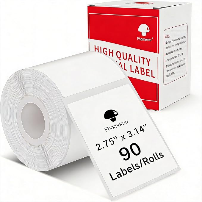 Phomemo M220 Thermal Labels 2.75''x3.15'' for M220/M221/M250/M260, 90 PCS | 70x80mm Waterproof Thermal Labls, 1 Roll, Use for Barcode, Logo,Listing, Business, Home,Organization, Office, White