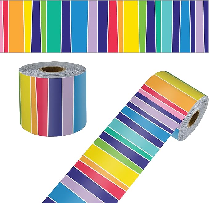 Carson Dellosa 65Ft of Striped Rainbow Bulletin Board Borders, 1 Roll of Colorful Trim for Rolling Whiteboard, Posterboard, Party Decorations, and Classroom Decor
