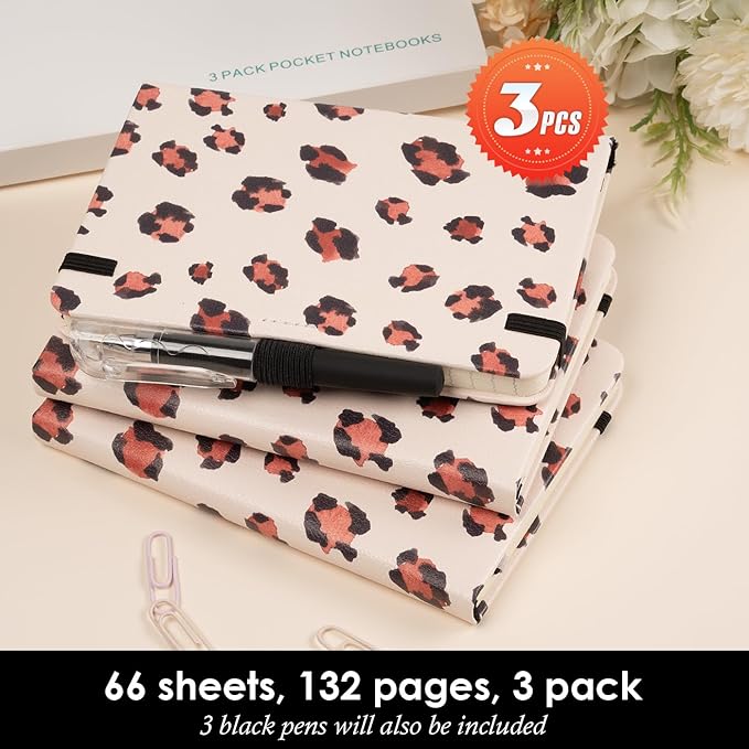 Pocket Journal Notebook for Women Girls, 3 Pack Small Mini Notebook Journals with Pen, A6 (3.7" x 5.7") Leopard Cover Lined Notepad with 100GSM Thick Paper, Office Home School Supplies