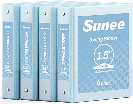 SUNEE 1.5 Inch Binders 3 Ring 4 Pack, Clear View 1 1/2 Inch Binders Three Ring PVC-Free (Fit 8.5x11 Inches) for School or Office Supplies, Blue