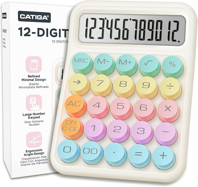 CATIGA Mechanical Switch Calculator, Colorful Calculator with 12 Digit Large LCD Display & Big Buttons for Office Desk, Classroom Math, Back to School Supplies, Cute Aesthetic Desk Accessories