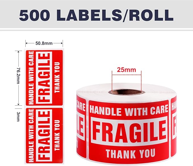 3 x 2 Inch Handle with Care 500 Fragile Stickers for Shipping Moving Glass Permanent Adhesive Commercial Grade Fragile Labels (1 Roll, 500 Labels)