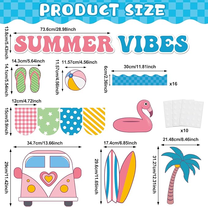 Hello Summer Bulletin Board Set Beach Theme Classroom Bulletin Board Decorations Surfing Tropical Palm Cutouts for Back to School Bus Teacher Supplies Nursery Home Chalkboard Wall Door Decor