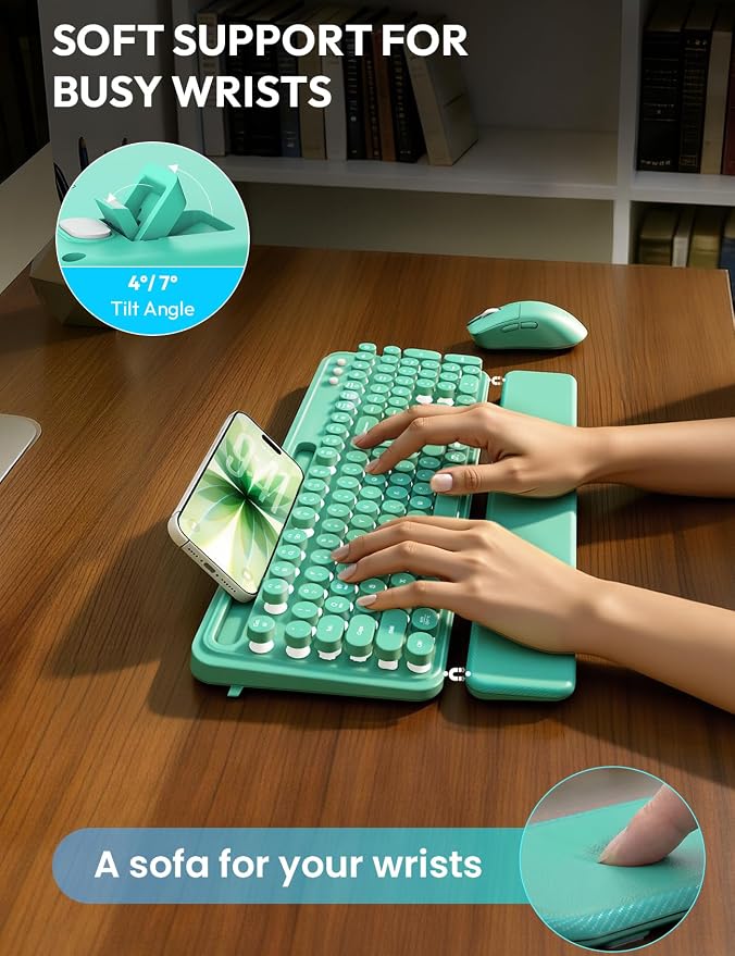 Wireless Keyboard and Mouse, Backlit Typewriter with Magnetic Wrist Rest | Phone Holder, Light Up Round Keycaps, Lighting Mouse, 2.4GHz Cordless Set for Mac, Windows, PC, Laptop, SABLUTE
