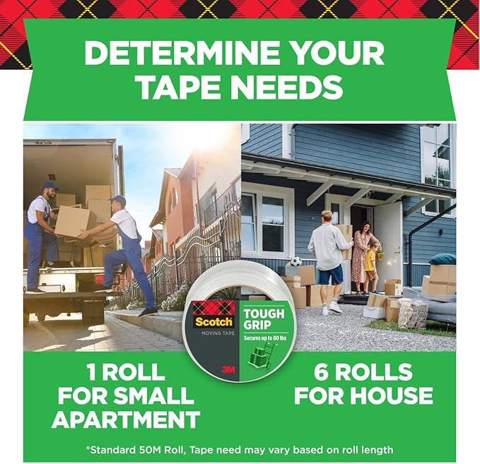Scotch Tough Grip Moving Packing Tape, Clear, Moving Tape That Secures Boxess up to 80 Pounds, 1.88 in. x 54.6 yd., 1 Tape Roll
