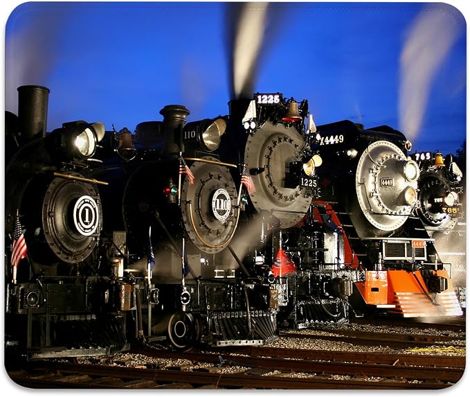 Historic Old Trains Mouse Pad, Vintage Steam Locomotives at Dusk Desk Mat | A Nighttime View of Retro Train, Cute Mousepad Stitched, Anti-Slip Base Smooth Surface, 9.5 x 7.9 Inches