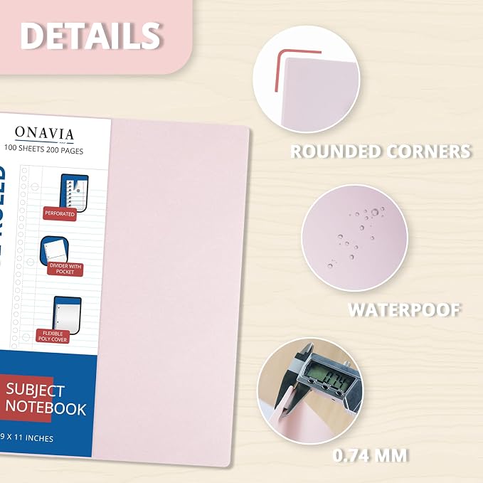 ONAVIA 1 Subject Spiral Notebook College Ruled 6 Pack, 200 Pages, Assorted | 100 Sheets, 9 x 11 in, Waterproof Plastic Cover, Durable, 3-Hole Punched, Divider, Double-Sided Pocket, Study