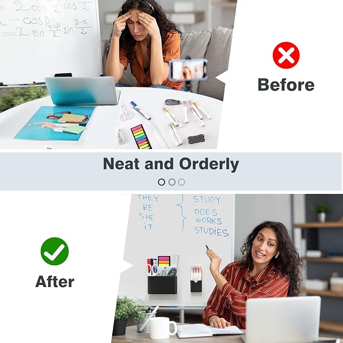 MoKo Magnetic Pen Holder Set, 3-Pack with Eraser, Black | Magnetic dry erase marker holder set has one large divided organizer, two small holders and one eraser.
