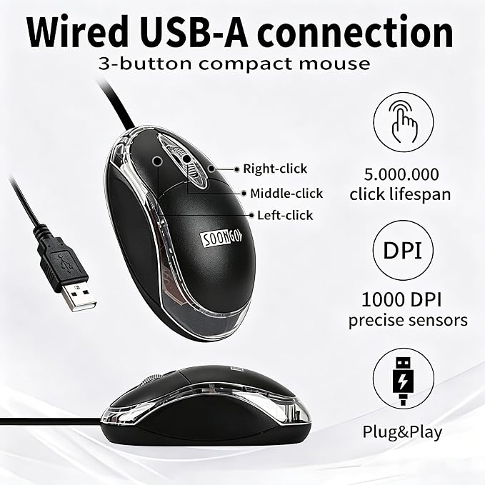 SOON GO Wired Mouse-USB Wired Mouse,Ergonomic Optical Design,1.5M USB Cable, Plug & Play for PC/Laptop/Desktop (Black)
