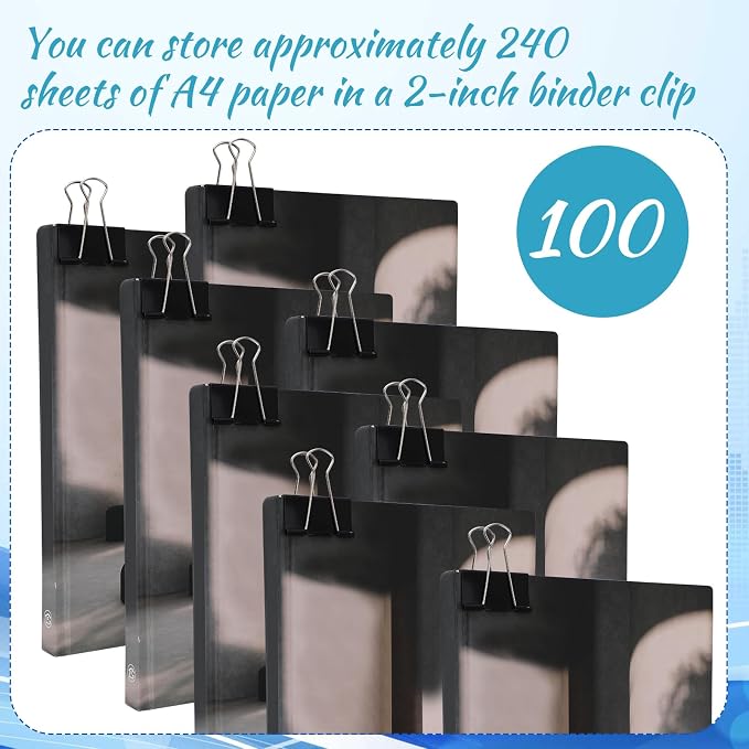 Jetec 100 Pcs Extra Large Binder Clips Bulk 2 Inch Metal Jumbo Binder Clips Office Supplies Black Paper Clamps for Teachers Students Office Business Supplies