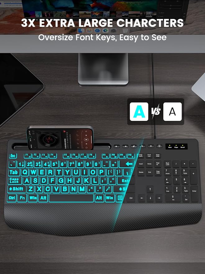 SABLUTE Large Print Wired Keyboard, Ergo Wrist Rest, 7 Colors Backlight | K21 Pro Computer Keyboards with Phone Holder, Oversized Letter keys Easy to See and Type for Laptop, PC, Windows, Black