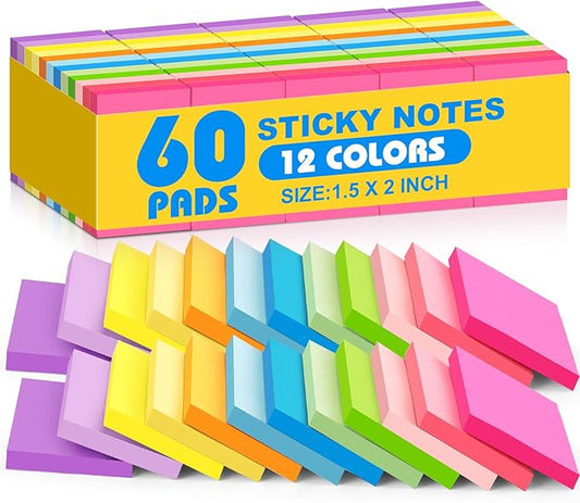 (60 Pack) Sticky Notes 1.5x2 Inches, 12 Bright Colors Self-Stick Note Pads Premium Mini Sticky Notes, Bulk Sticky Notes Pads for School, Office, Home