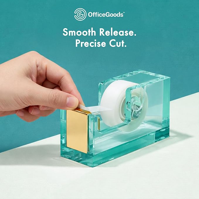OfficeGoods Acrylic Tape Dispenser, Aesthetic and Compact Design, Green | Modern desk accessory for office, Heavy duty refillable tape holder for crafting, Stylish desktop accessory for gift wrapping