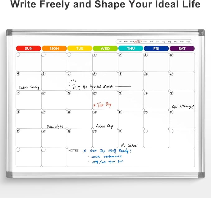 Colorful Dry Erase Calendar Whiteboard for Wall 24x18 Double-Sided Magnetic | Monthly Calendar, 7 Color Design, Wall Mount Hanging, Aluminum Frame, Smooth Dry Erase, Home School Office, Complete Kit