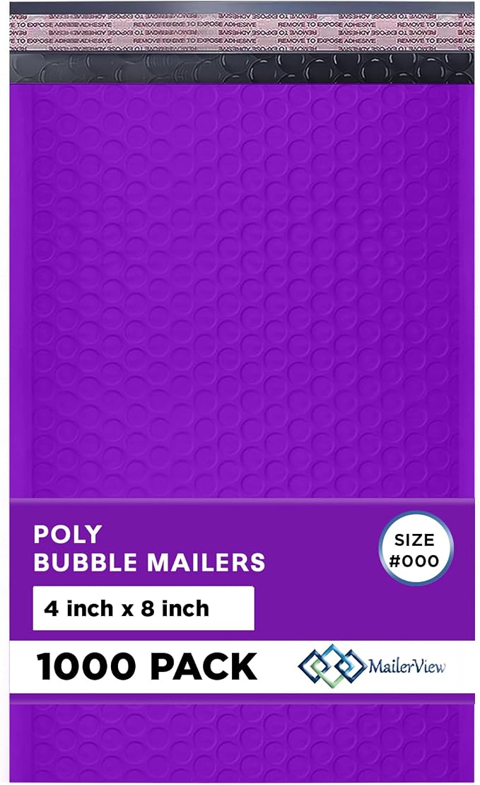 Purple Bubble Mailers 4x8, Self Seal Poly Padded Envelopes #000, 1000 Pack | Fits Trading & Sports Cards, No Tape Needed, Cushioned Protection, Water-Resistant Poly, Bulk Pack for Small Business