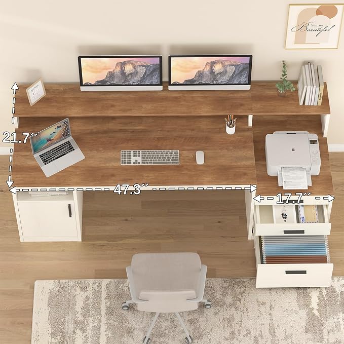 65" Computer Desk with 3 Drawers & Printer Shelf for Home Office | Office Desk with Printer Shelf & File Drawer, Executive Desk Writing Study Table with Monitor Stand, Brown & White