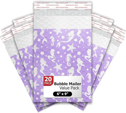 Pro Supply Global Purple Mermaids Self-Seal Bubble Mailers Padded - 6"x9" (20 Pieces) - A Colorful Shipping Envelopes Bags for Small Items Packaging, Mailing, Gifts, Documents, Crafts and Accessories.