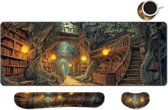 Desk Mat, Large Gaming Mouse Pad with Wrist Rest, 4 in1 XXL Mouse pad+Keyboard Wrist Rest+Mouse Pad Wrist Support+Cup Coaster Set, Ergonomic Desk Pad for Home Office, Trees Library