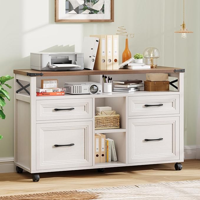 Halitaa Farmhouse Filing Cabinet with Adjustable Shelf & Wheels, Off White | Lateral File Cabinets, Office Storage Cabinet with 4 Drawers, Open Storage Space, for Hanging Files A4/Letter for Home Office