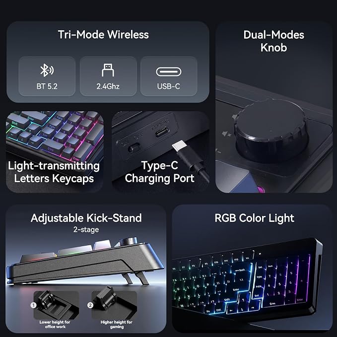 AULA Keyboard Gaming Wireless Creamy Computer Keyboards with Number Pad | Side-printed Light Transmission Letters Keyboard,99 Keys,RGB Backlit,Tri-Mode BT/2.4GHz/USB-C Connection,Gradient Grey
