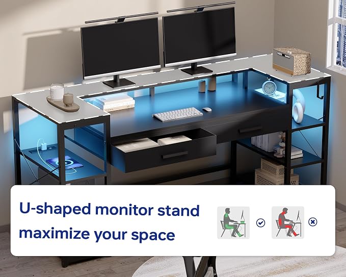 Pamray 58 Inch Gaming Computer Desk with Monitor Stand Drawers and Shelves | Ample Storage， Large Table with LED Lights & Power Outlets & USB Ports, Sturdy, Suitable for Gaming Home Office Work Study