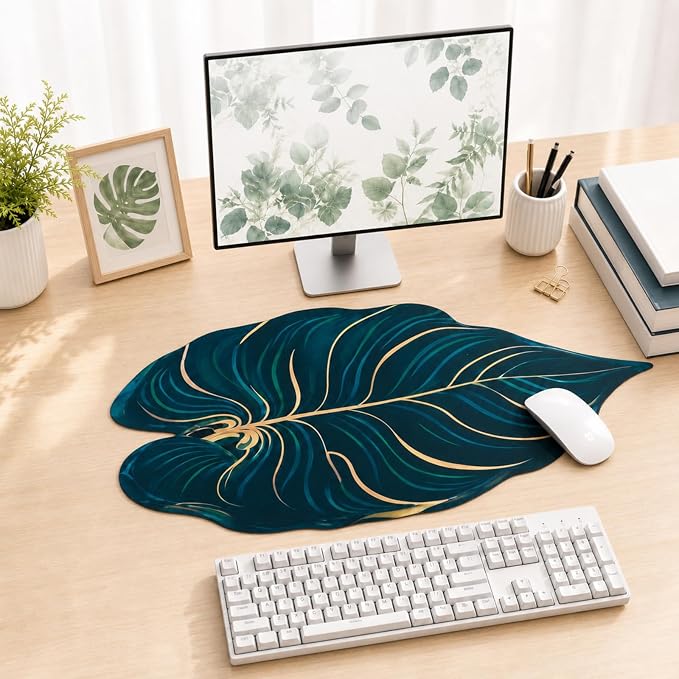 Large 3D Green Leaf Desk Mat Green Palm Tropical Keyboard Mouse Non Slip | Botanical Mouse Big Pad, Non-slip Base Mousepad Decorative Keyboard Mat, Desk Protector Office Home, 35.43 x 15.75 Inch