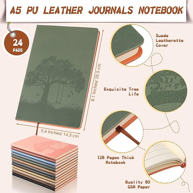 TaoBary 24 Pcs Employee Appreciation Gift A5 PU Leather Journals Bulk Colorful Tree Lined Journal Notebook Soft PU Leather Cover Ruled Writing Notebook for Office School Teacher Nurse (Mixed Colors)