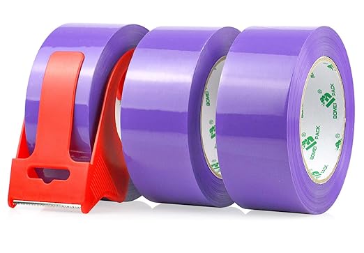 BOMEI PACK Purple Packing Tape with Dispenser, 2.4 Mil 1.88 Inch x 110 Yards, 3 Refills Rolls Color Box Tape for Moving, Shipping and Packaging