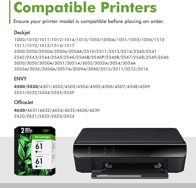61 61XL Ink Cartridges for HP Printers Compatible for HP61XL 2-Pack Black | Compatible for HP61 Black Ink Cartridges Work for HP Officejet 4630 4635 Envy 4500 5530 4502 4501 Deskjet 1000 1010 Black
