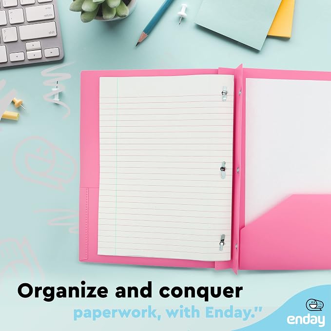 Plastic Folders with Pockets and Prongs Pink - Two Pocket Folder with Brads - 3 Prong Folders with Pockets for Letter Size Sheets, Also Available in Blue, Green, Red, Purple, and Grey, 1 Pc –by Enday