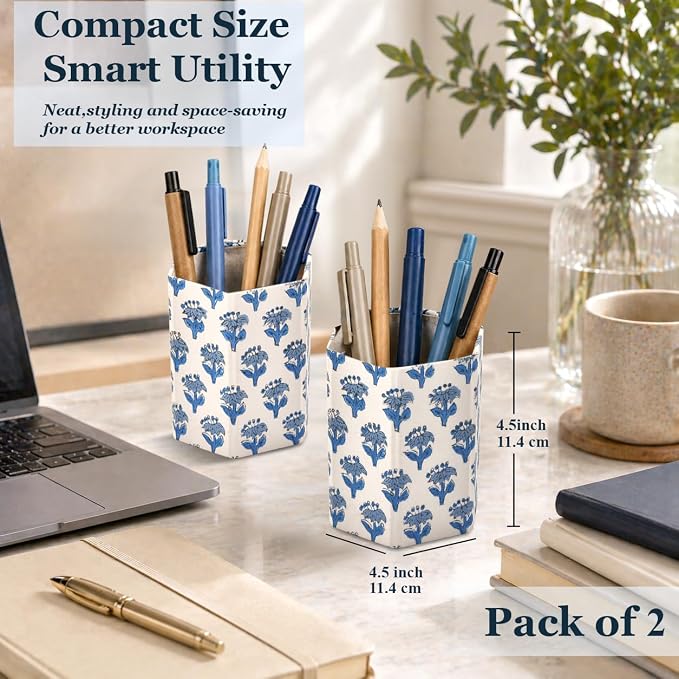 CPC Apatite Blue Block Print Cotton Pen Holder Set of 2 | Boho Makeup Brush Holder Floral Pencil Cup Girls Kids Durable Stand Desk Organizer Storage Floral Office Supplies, Classroom