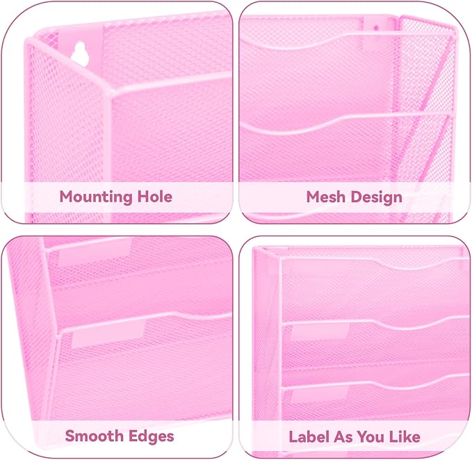 8 Pockets Mesh Wall File Holder Organizer Office Hanging File Folder Magazine Rack, Nametag Label Hooks Set Included (Pink)