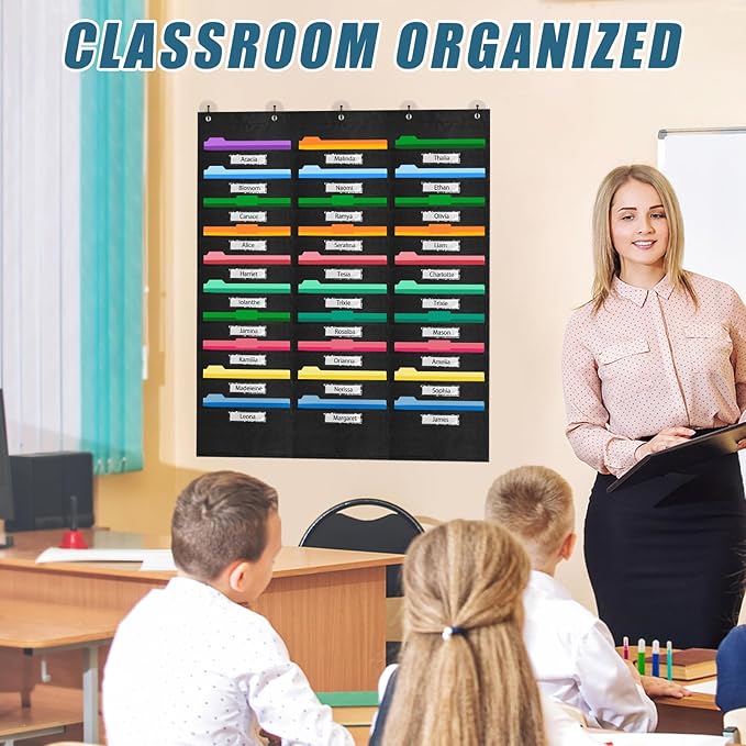 File Storage Pocket Chart with Nametag 30 Pockets,Hanging Wall File Organizer for Classroom and Office, Organize Your Assignments, Files, Scrapbooks, Paper