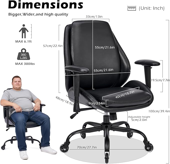 BEWISHOME Office Chair with Rubber Wheels, Big and Tall Office Chair, Ergonomic Office Chairs, Executive Desk Chair, Black PU Leather Computer Comfy Chairs with Lumbar Support, Adjustable Armrests