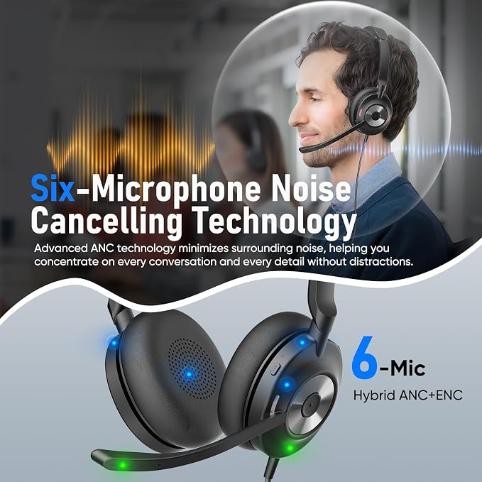 USB Headset with Microphone for PC, Active Noise Cancelling Headphones with ENC Noise Cancelling Mic, Wired Office Computer Headset with Mute for Call Center, Teams, Zoom