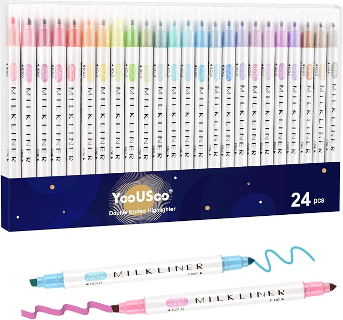 YOOUSOO 24 Pastel Highlighters Assorted Colors | Unique Retro Colors, Quick Dry Dual Tip and Fine Tip No Bleed Highlighter Markers for Bible Journals Planners Books Notes