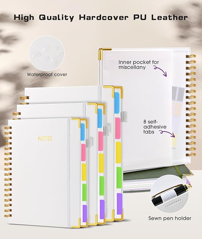 Hardcover Spiral Notebook 8.5"x11" Journal with Removable Dividers Tabs, 300 Pages Leather 5 Subject Notebook College Ruled, Large Notebooks for Work School, Lined Journal for Women, A4 White