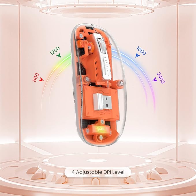 AJAZZ Wireless Bluetooth5.1&2.4G Mini Lightweight Mouse,Transparent Clear Cool,Rechargeable Silent Computer Mice,Nano USB C Receiver,LED Battery Magic Silm for Office/PC/Mac/Laptop/Apple/ipad(Orange)