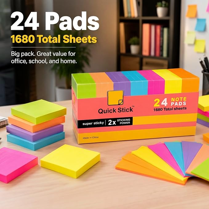 Sticky Notes, 24 Pads, 1680 Sheets Total, 3x3 in Bright Neon Colors, 2X Super Sticky Self-Stick Note Pads for Office, School, Home, Bulk Pack 70 Sheets Per Pad, Strong Hold Memo Notes