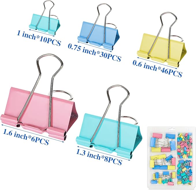 OWLKELA 100 Pcs Binder Clips, Assorted Sizes, Multicolor | Metal Paper Clamps, Paper Binder Clip, Ideal for Office, Home and School Supplies
