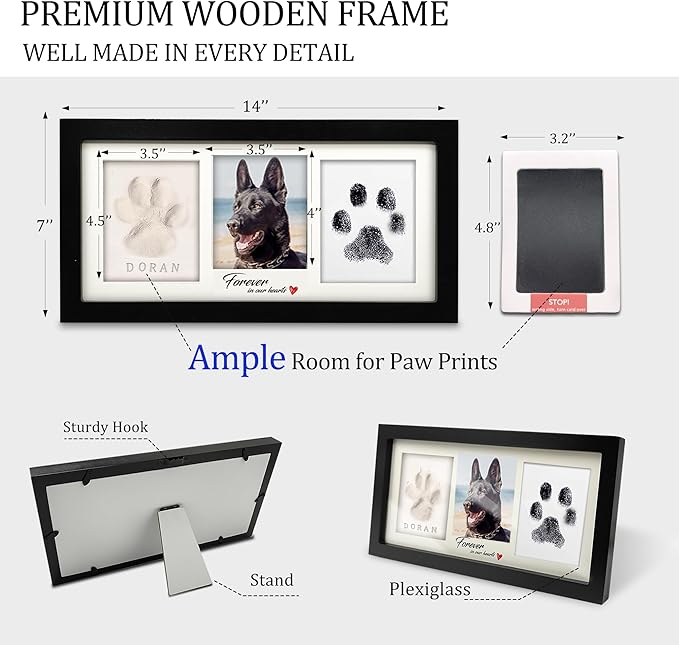 MYPAWLETS Paw Print Frame Kit,Dog/Cat Paw Print Kit,Soft Pawprint Clay&Clean Touch Ink Pad,Pet Paw Print Impression Kit with Customization Tool,Wooden Pet Memorial Frame,DIY Dog Lover Gifts-Black
