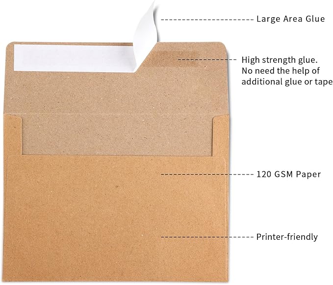 Granhoolm 100 Pack 5x7 Envelopes,Envelopes for 5x7 Cards,5x7 Envelopes for Invitations 5.25 x 7 .25 For 5x7 Cards - Peel & Press,Ideal for Invitations,Weddings,Greeting Cards(Kraft)