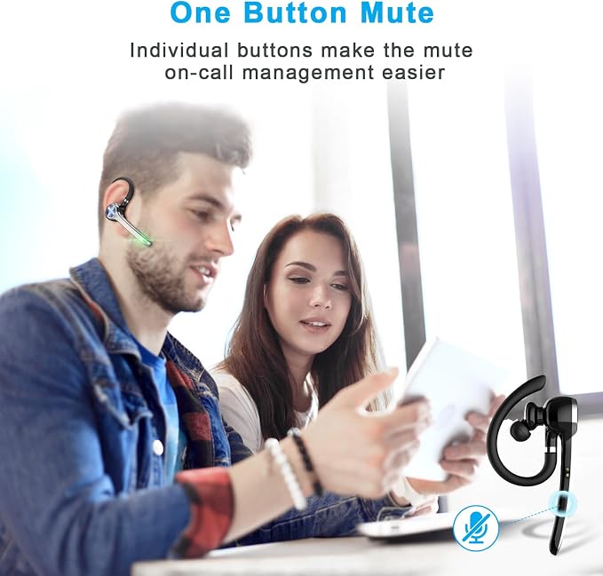 HEIBAS Bluetooth Headset, Wireless Earpiece with Mic for Work | 72H Playtime, 500mAh Charging Case, Hands-Free Calling with Mute Button for Work, Trucker, Office, Driving, iPhone, Black