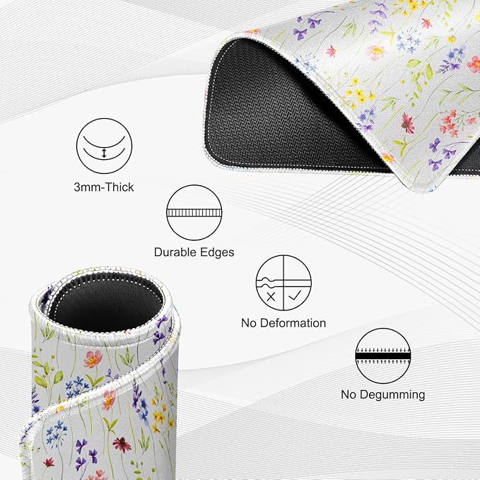 JIKIOU Mouse Pad with Non-Slip Rubber Base, Premium-Textured & Washable Computer Mousepad with Stitched Edges, Mouse Pads for Computers, Laptop, Gaming, Office & Home, 10.2 x 8.3 in White Flowers