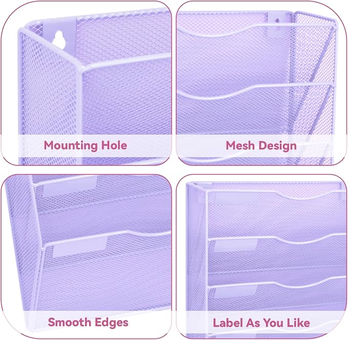 5 Pockets Mesh Wall File Holder Organizer Office Hanging File Folder Magazine Rack, Nametag Label Hooks Set Included (Purple)