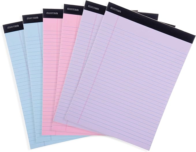 Mintra Office Colorful Legal Pads - Includes 2 Blue, 2 Pink, and, 2 Green Writing Pads, Micro Perforated Lined Sheets, Ideal for Professional & Personal Use, 8.5"x11" Wide Ruled, 6 pack Basic Pastel