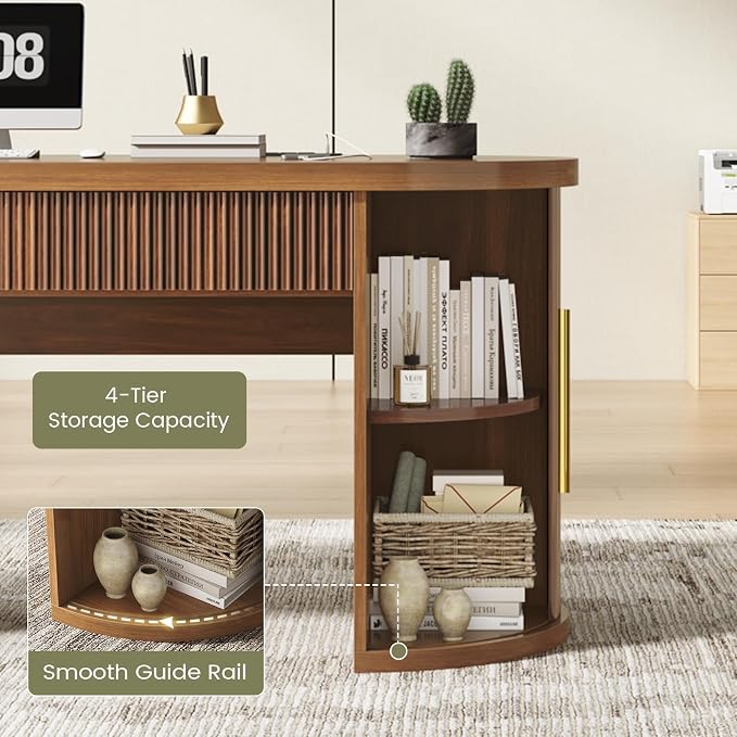 SEDETA 58.3" x 21.7" Fluted Office Executive Desk with 2 Drawers Storage | Brown Long Computer Desk with 2 Sliding Doors Shelves and Power Strip, Wood Curve Desk for Work, Writing, Study
