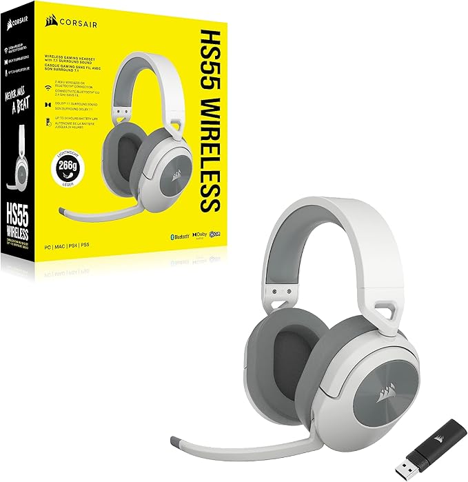 Corsair HS55 Wireless Multiplatform Lightweight Gaming Headset with Bluetooth - Dolby 7.1 Surround Sound - iCUE Compatible - PC, PS5, PS4, Nintendo Switch, Mobile - White